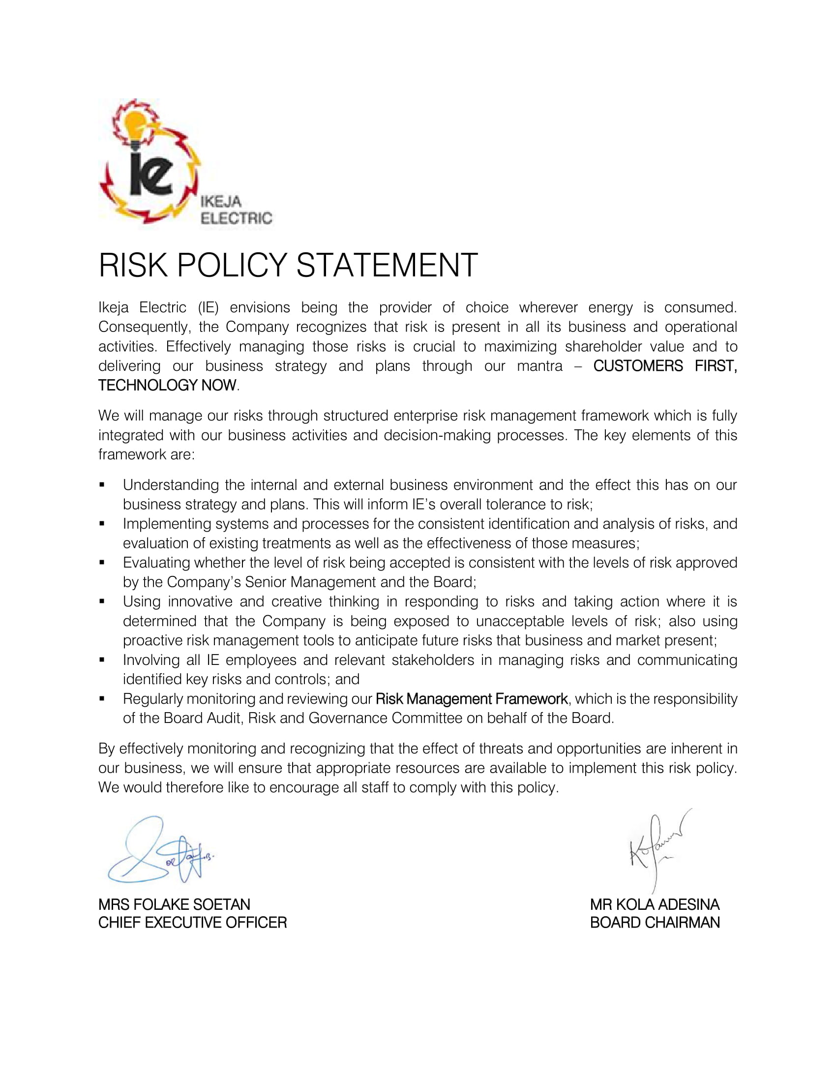 risk policy statement ikeja electric
